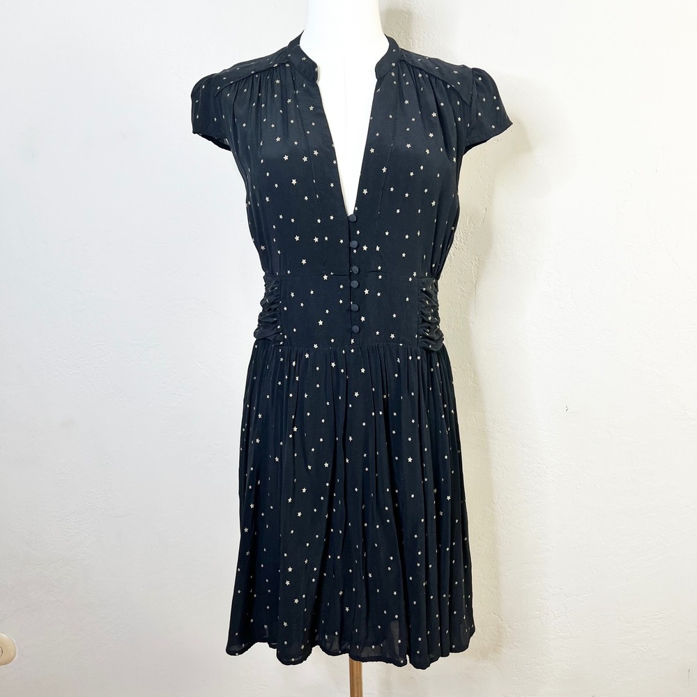 FiveSeventyFive Mini Dress Black‎ Gold Star Print Cap Sleeve V-Neck Medium